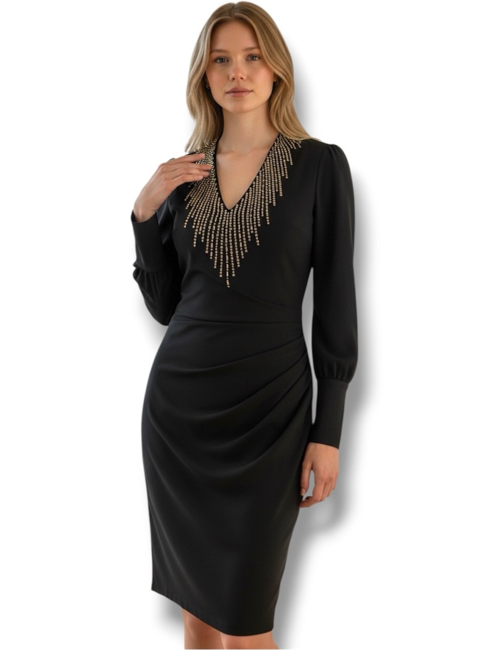 Cache’ Black Long Sleeve V-Neck Dress with Gold Bead Detail. Women’s Size 6